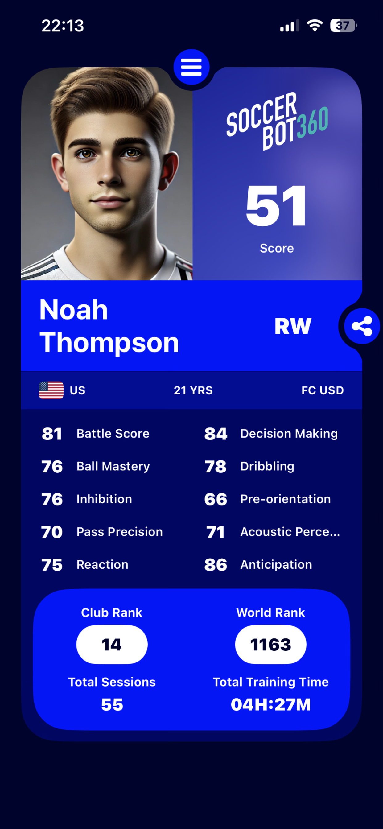 SoccerBot360 Player App Screenshot 1